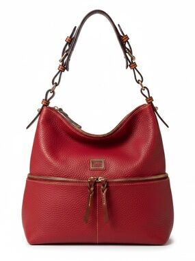Dooney & Bourke Red Pebbled Leather Shoulder Hobo with Brown Accents